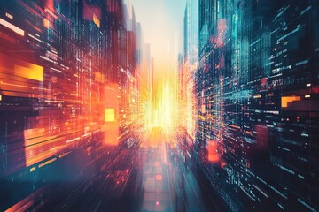 Fototapete - Digital cityscape: glowing data streams and vibrant colors.