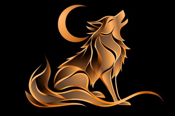 Poster - A minimalist silhouette of a wolf howling at a crescent moon, drawn in clean, bold lines on a plain black background