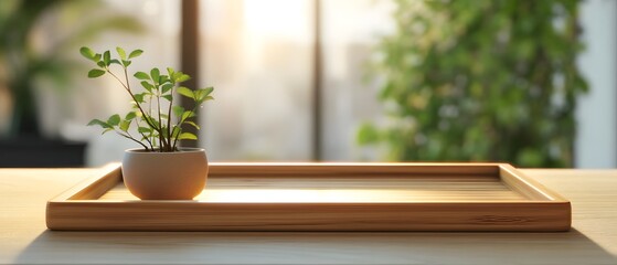 Aufkleber - Minimalist Indoor Scene with Small Plant in Pot on Wooden Tray Illuminated by Soft Natural Light from Large Window in Modern Room
