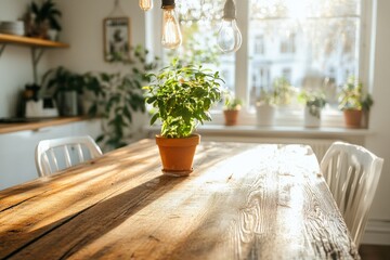Poster - A rustic wooden table with visible grain patterns, set in a cozy farmhouse kitchen with soft natural light