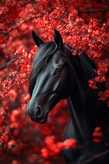 Wall Mural - Black Horse at Red Tree