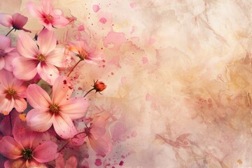 Poster - Gentle pink cosmos flowers on a textured background with watercolor splashes create a beautiful spring atmosphere