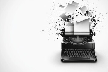 Poster - A simple drawing of a typewriter with papers flying out, representing creativity, rendered on a crisp white background