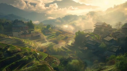 Wall Mural - Sunrise over terraced rice fields, mountain village. Travel photography.