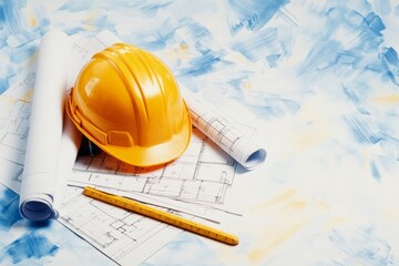Poster - A single construction helmet placed on top of a stack of blueprints, depicted in a simple, sleek style with muted tones