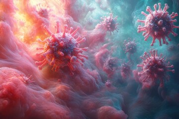 Poster - Colorful visualization of viruses floating in a vibrant environment at microscopic level showcasing their intricate details