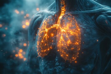 Poster - Human lungs illuminated by glowing particles against a dark background showcasing the beauty of anatomy and the respiratory system