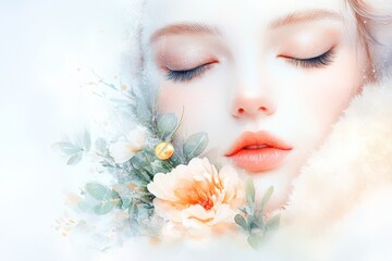 Poster - A soft watercolor painting of a winner holding a bouquet and a golden medal, with light pastel tones and a dreamy effect