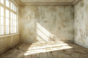 Poster - Empty room with weathered walls, wooden floor and sunlight shining through window, perfect for renovation or interior design projects