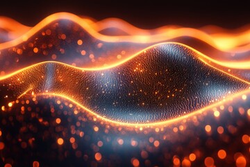 Poster - Waves of glowing particles illuminate a dark space with vibrant orange and blue hues in an abstract representation of energy