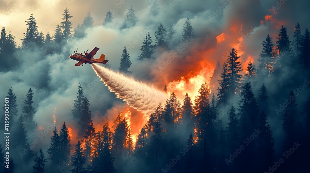 Aerial firefighting aircraft dropping water over a blazing forest fire ...