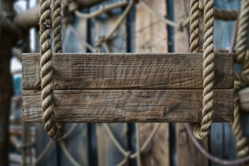Leinwandbilder - Empty wooden sign hanging from thick rope in front of blurred background with nets and ropes