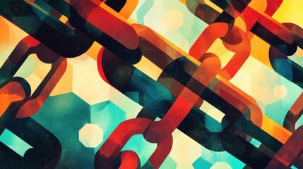 Poster - abstract representation of colorful interlocking chains against a vibrant geometric background