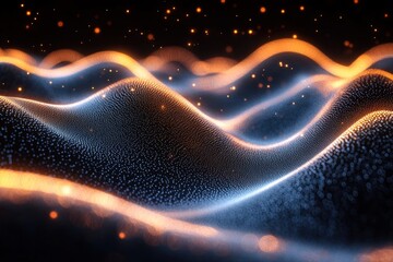 Poster - Dynamic abstract waves with glowing particles create a mesmerizing visual effect in an enchanting dark setting