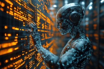 Poster - Futuristic humanoid figure interacting with digital data in high-tech environment