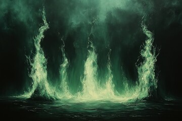 Wall Mural - Ethereal green flames rise from dark water.