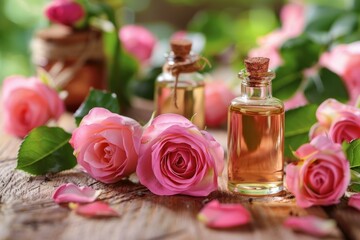 Wall Mural - Rose essential oil bottles are surrounded by pink roses and petals on a rustic wooden table, creating a natural and aromatic scene