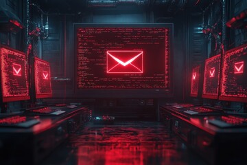 Poster - Digital communication hub featuring glowing red screens with email icons in a futuristic environment