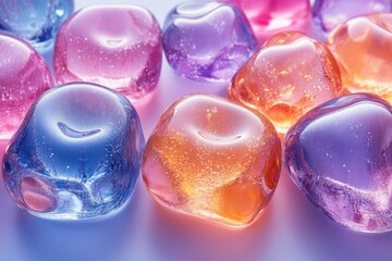 Poster - Colorful translucent gel shapes arranged on a light surface showcasing various hues and textures