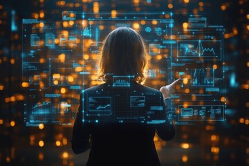 Poster - Digital interaction with data visuals in a modern environment during an evening setting