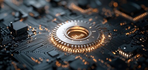 Fototapete - A close-up of a circuit board showcases intricate details and glowing elements, emphasizing technology and innovation.