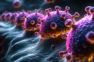 Poster - Microscopic view of colorful virus particles interacting in a dynamic environment