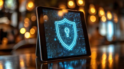Poster - Cybersecurity concept with digital lock and shield on tablet display