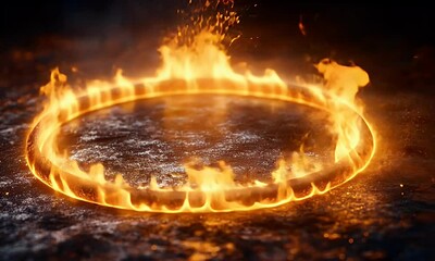 Wall Mural - A fiery circular ring glowing against a dark, textured surface, creating a dramatic visual effect.