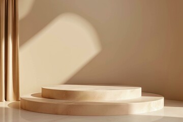 Poster - minimalistic beige round terrazzo podium in sunlight with beige curtain creates elegant space for pr