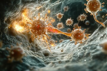 Poster - Detailed view of virus particles interacting within a human cell during infection process