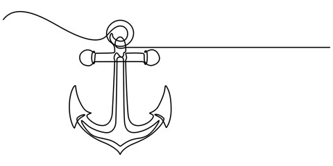Poster - Nautical Anchor Continuous Line Drawing with Editable Stroke, Continuous line drawing of sea anchor, Large sea anchor of the ship. Set of sea ocean elements. Continuous one line drawing of anchor. 