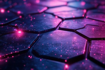 Poster - Abstract close-up of hexagonal patterns illuminated by pink and purple lights in a futuristic setting