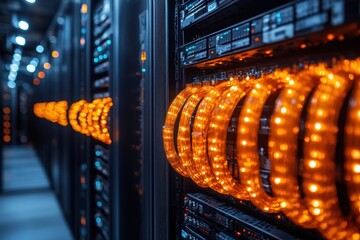 Poster - Data center with illuminated server racks and bright light rings showcasing advanced technology setup