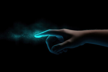 Poster - Hand reaching out to glowing particles against a dark background in a mystical setting