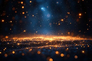 Poster - Magical glowing particles create a shimmering effect in deep blue background during nighttime