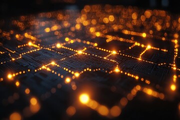 Poster - Network connections illuminated with glowing dots create a visual representation of urban infrastructure at night