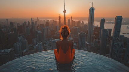 Poster - Woman meditates, rooftop pool, city sunset