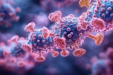 Poster - Microscopic view of a detailed virus structure exhibiting spikes and surface features in a colorful representation