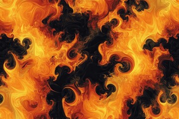Poster - Vibrant orange and yellow flames dancing on dark background. Creative repeat pattern. Captivating fire artwork showcasing smoke and dynamic energy elements