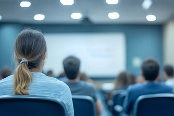 Wall Mural - Blurry Students in Lecture Hall Watching Presentation