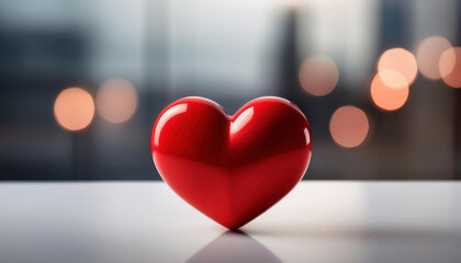 Wall Mural - A shiny red heart sits on a white surface against a blurred background of warm lights.
