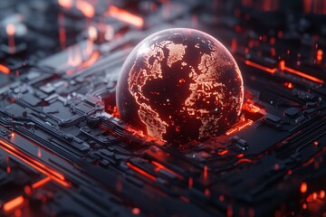 Poster - A cyberpunk-inspired depiction of Earth glowing with neon lights and surrounded by holographic data streams in a futuristic cityscape