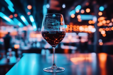 Aufkleber - A cyberpunk-themed wine glass with glowing neon liquid and futuristic etchings on the glass, placed in a vibrant, high-tech bar setting