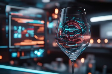 Aufkleber - A cyberpunk-themed wine glass with glowing neon liquid and futuristic etchings on the glass, placed in a vibrant, high-tech bar setting
