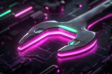 Aufkleber - A cyberpunk-themed wrench with glowing neon-purple and green highlights, surrounded by holographic blueprints in a dark urban setting