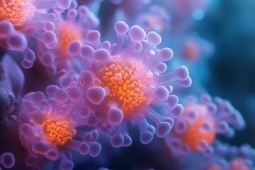 Poster - Microscopic view of vibrant virus structures showcasing intricate details and colors in a scientific exploration