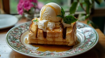 Poster - An artistic arrangement of honey toast served on a patterned plate, with a scoop of ice cream melting on top and a drizzle of honey for a delicious contrast.