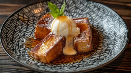 Poster - An artistic arrangement of honey toast served on a patterned plate, with a scoop of ice cream melting on top and a drizzle of honey for a delicious contrast.