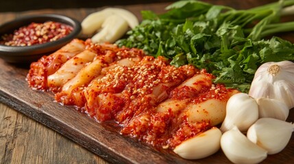 Poster - An artistic arrangement of kimchi ingredients, including chili powder, garlic, and ginger, beautifully displayed on a rustic wooden surface for a traditional touch.