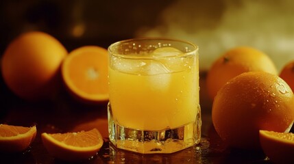 Poster - An artistic shot of a clear glass filled with vibrant orange juice, with droplets of condensation on the outside, set on a wooden table with fresh oranges nearby.